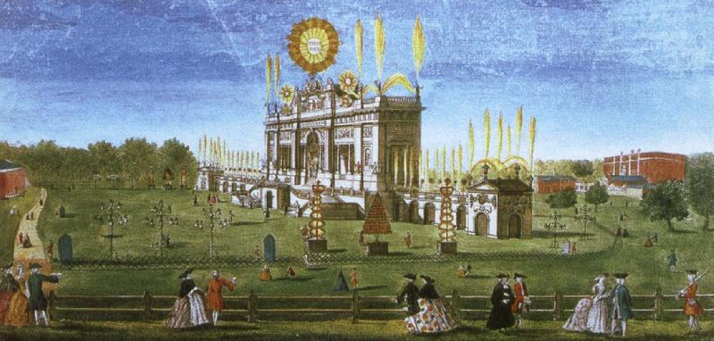 wolfgang amadeus mozart a contemporary artist s view of the structure erected in  green park for the 1749 firework display celebrating the peace of aix la chapelle. oil painting picture